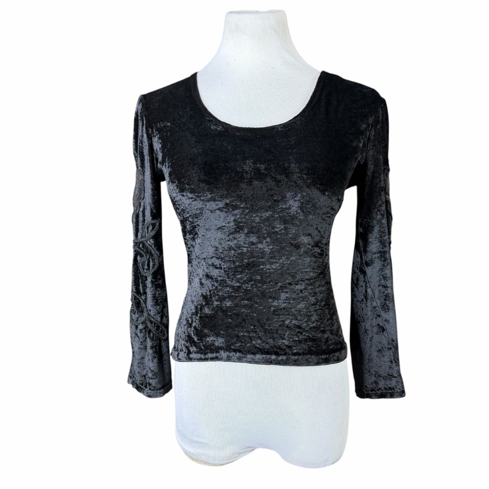 Lolly Pops & Roses Black Crushed Velour Embroidered 3/4 Sleeve Blouse - Large